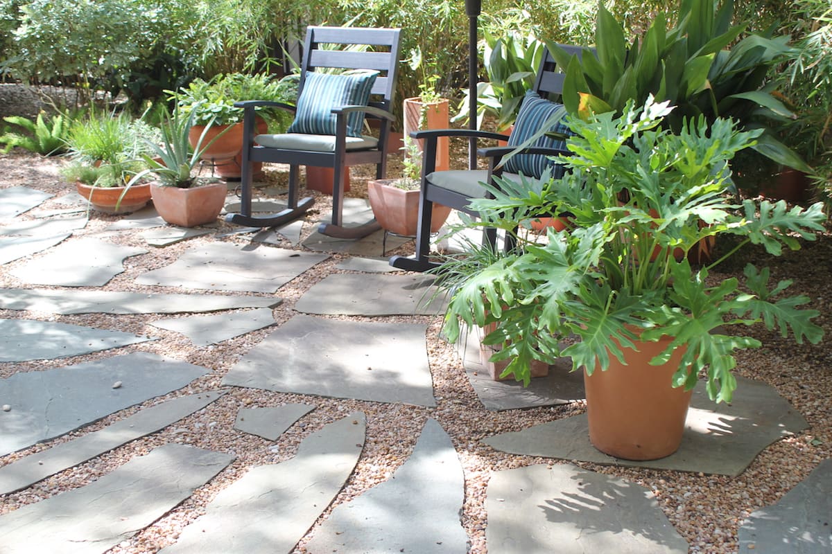 gravel, rocking chairs and potted plants patio | SAWS Garden Style Conservation Water Saver San Antonio Texas