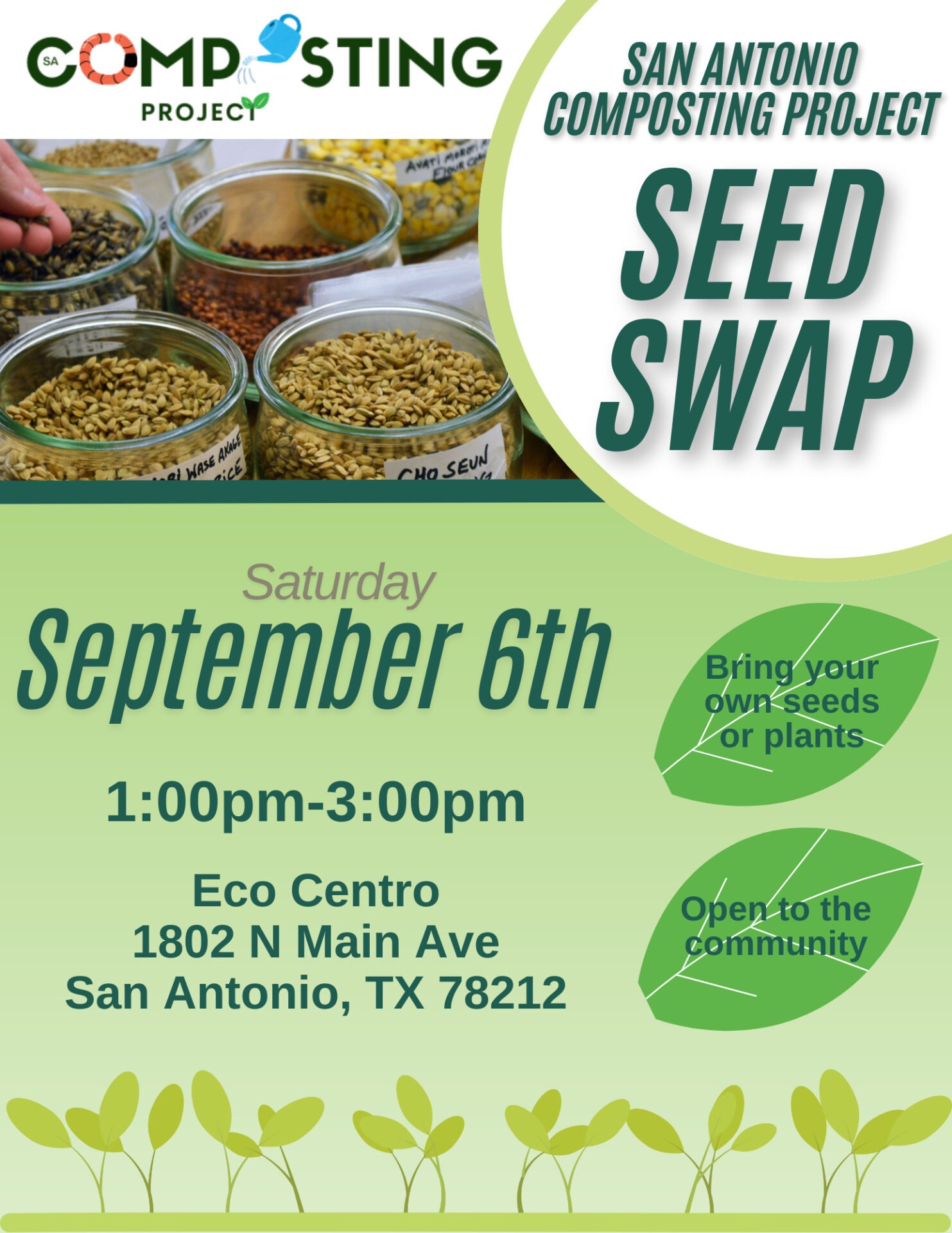 A graphic describing the SA Composting Project Seed Swap Event.