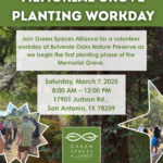 March calendar entry for Memorial Grove planting at Bulverde Oaks Preserve on the 7th.