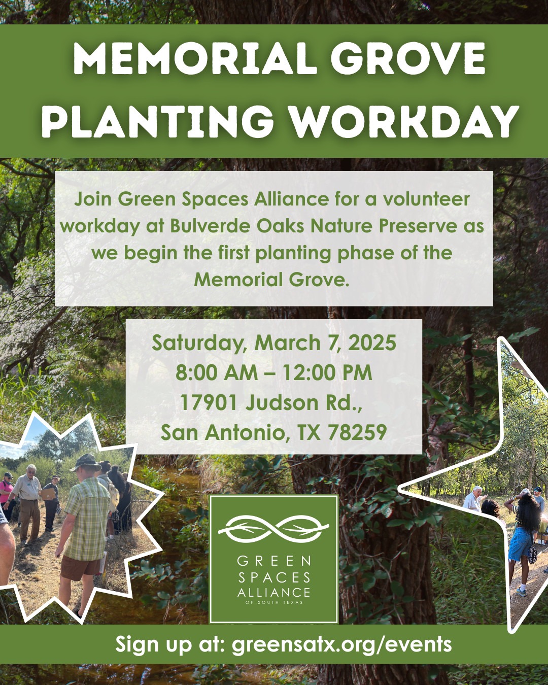 March calendar entry for Memorial Grove planting at Bulverde Oaks Preserve on the 7th.