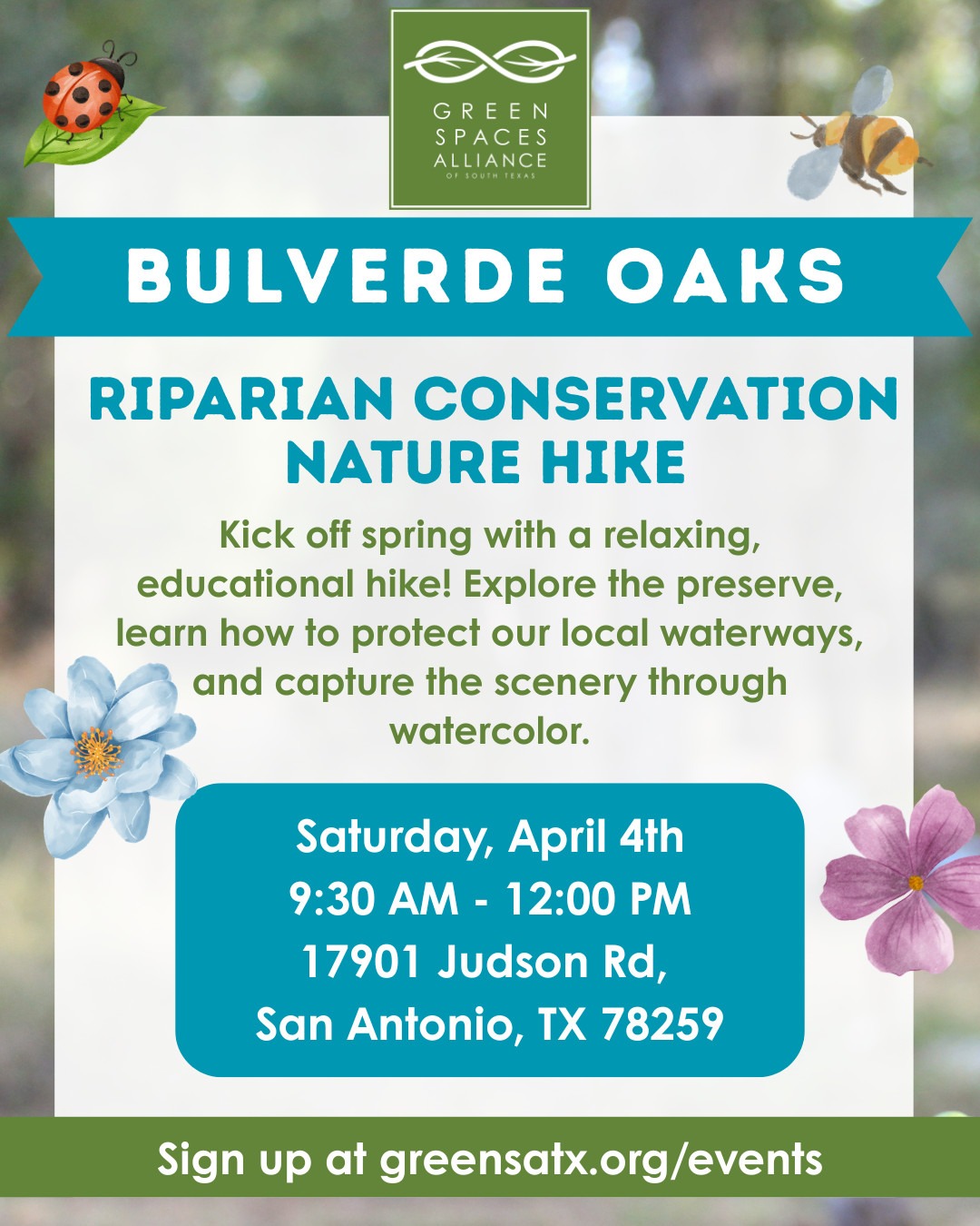 April calendar entry for Green Spaces Alliance conservation hike on the 4th.