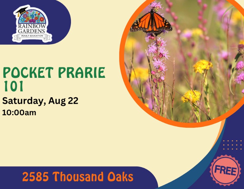 Event Graphic for the Pocket Prairie 101 Class on Saturday, August 22nd at 10 a.m. 2585 Thousand Oaks. This is a free event.