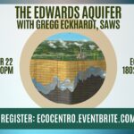 Event Graphic for The Edwards Aquifer event with Gregg Eckhardt from SAWS. Thursday, October 22nd from 6-7:30 PM. Eco Centro 1802 N Main Ave. Register at ecocentro.eventbrite.com