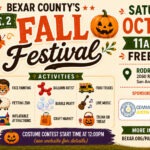 Event Graphic for Bexar County's Precinct 2 Fall Festival. Saturday, October 17th from 11 am-3pm. This free event, sponsored by commissioner Justin Rodriguez, Precinct 2, will take place at Rodriguez Park, 2060 Rodriguez Avenue, San Antonio,TX. Activities include face painting, a petting zoo, inflatable attractions, a balloon artist, bubble party, craft market, food trucks, live music and a trunk or treat. Costume contest start time is at 12:00 pm